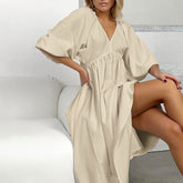 Early Cotton Solid Color Maxi Dress V neck Half Sleeve Hollow Out Cutout Backless Casual Dress